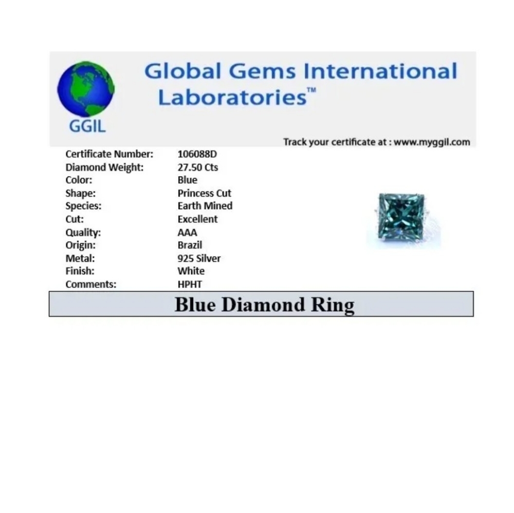 RARE 27.50 Ct Princess Cut Certified Blue Diamond Ring With Accents, 925 Silver